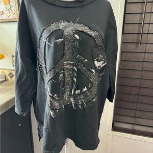 Black Sequin Peace Sign Long Sleeve Top